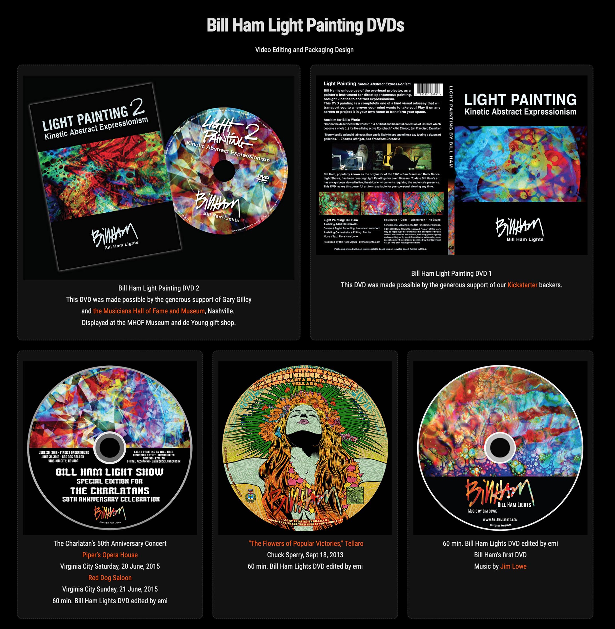 Bill Ham Light Painting DVDs, video editing, package design, webstore by emi