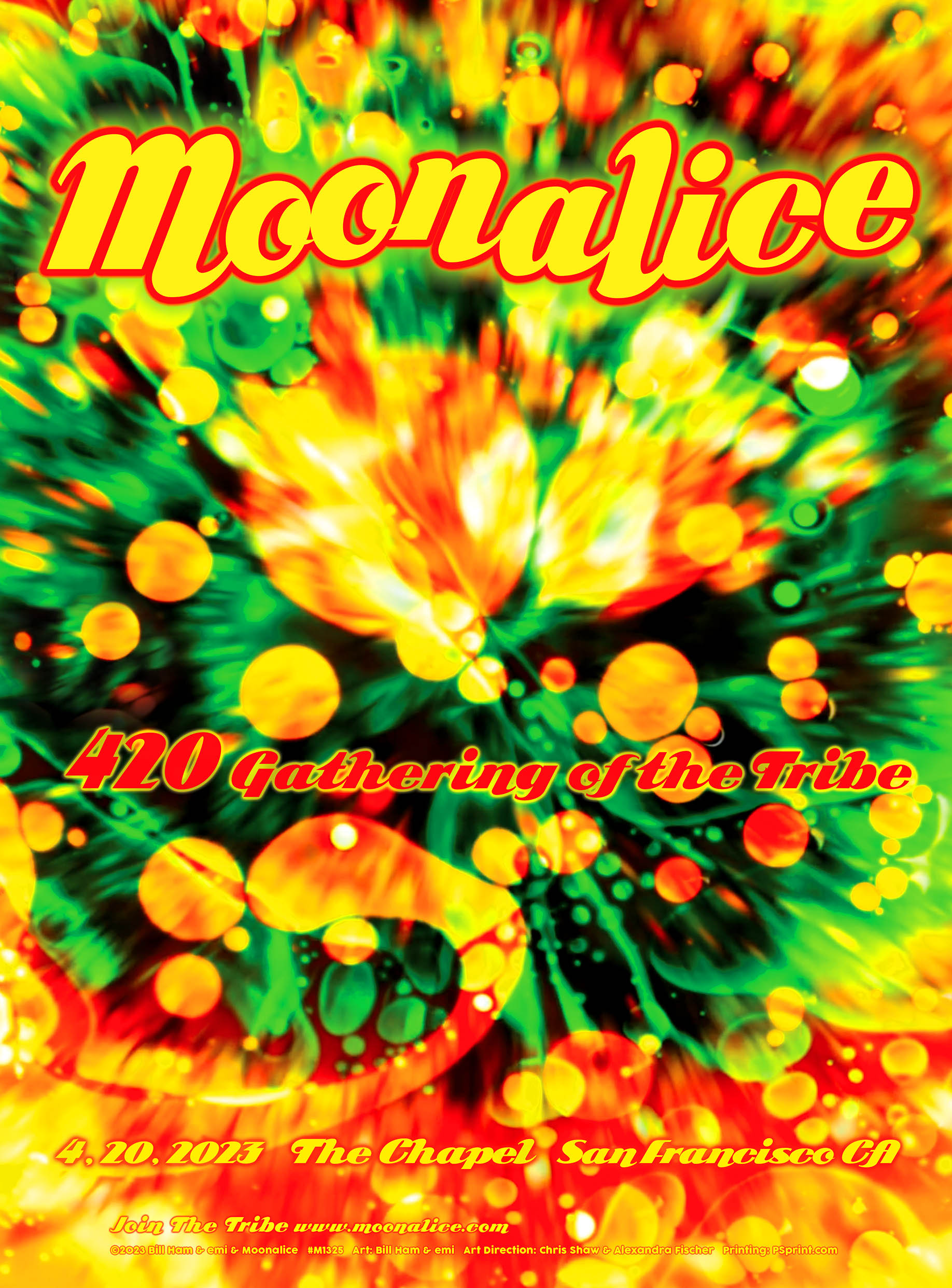 2023 Moonalice 420 Gathering of the Tribe poster, 12.75″ x 17.25″ limited edition offset lithograph printed, Light Painting by Bill Ham, photo and design by emi