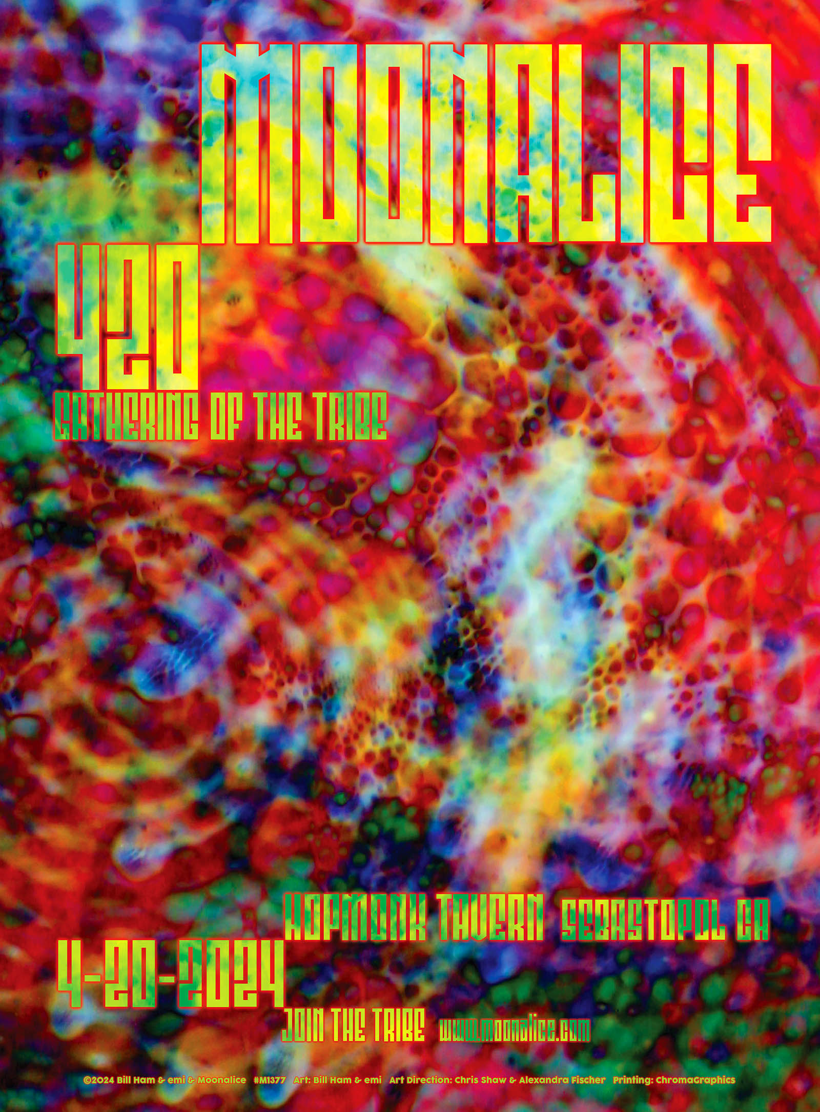 2024 Moonalice 420 Gathering of the Tribe poster, 12.75″ x 17.25″ limited edition offset lithograph printed, Light Painting by Bill Ham, photo and design by emi
