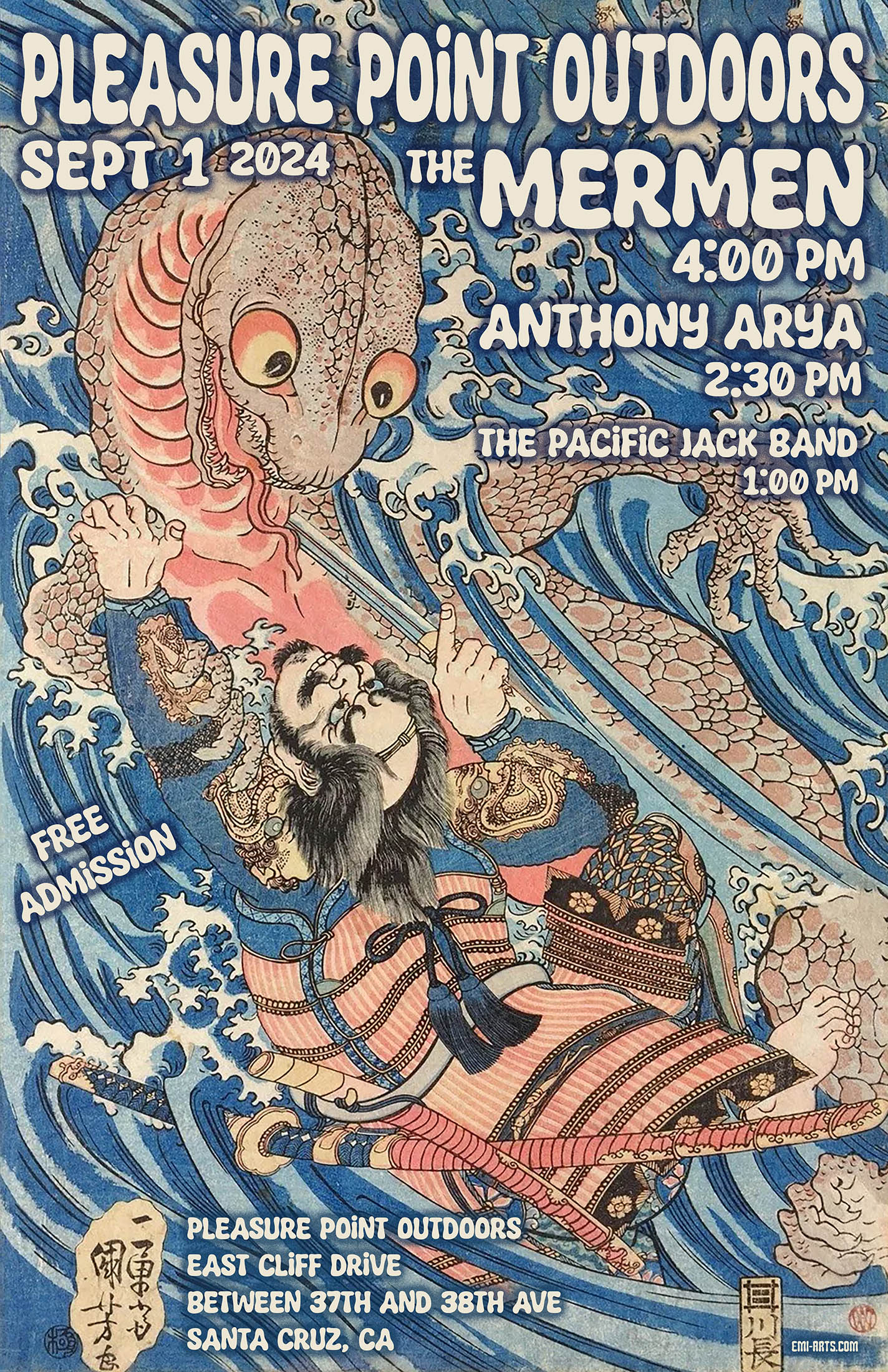 2024.7.20 The Mermen, Anthony Arya, The Pacific Jack Band at Pleasure Point, Santa Cruz, CA poster design by emi